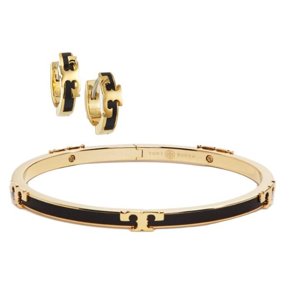 Tory Burch Black & Gold Enamel Serif Bangle Bracelet - Picture 9 of 9